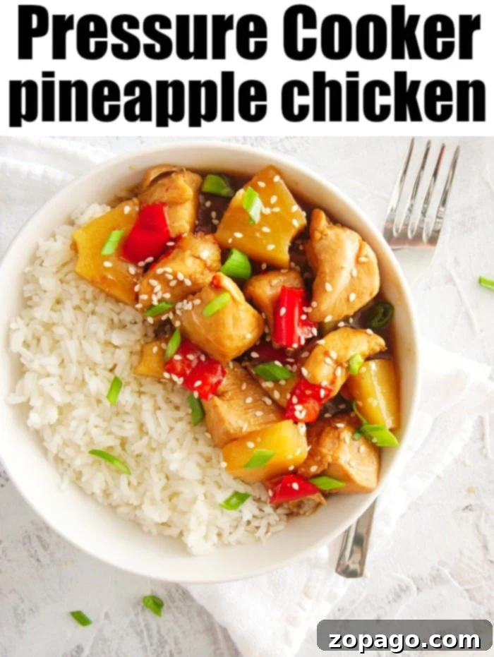 Pressure cooker pineapple chicken is great served on top of rice. Cooked in no time with peppers and sweet fruit your family will love this pressure cooker meal. Delicious pressure cooker pineapple chicken served over fluffy white rice