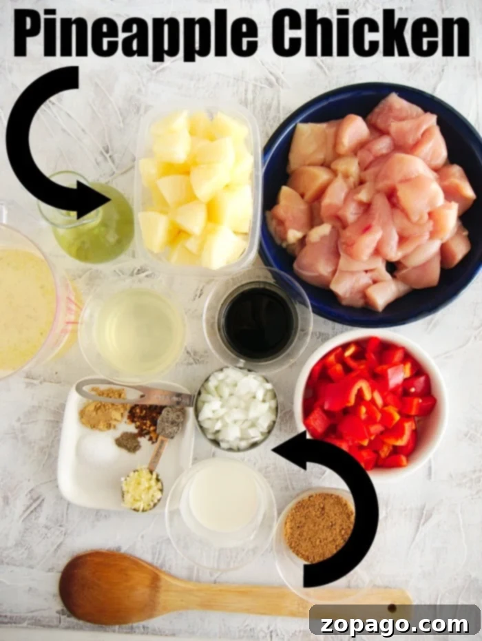 Pineapple chicken is great served on top of rice. Cooked in no time with peppers and sweet fruit your family will love this pressure cooker meal. Close-up view of Hawaiian pineapple chicken with bell peppers and sauce