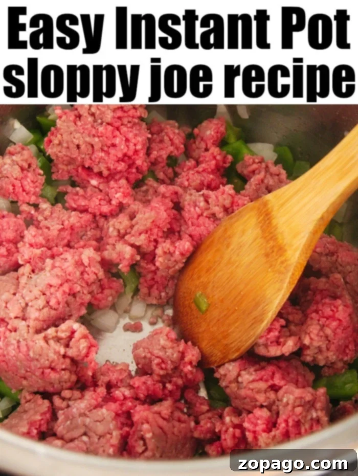 Instant Pot sloppy joes is an easy protein packed meal even your kids will love. If you're looking for pressure cooker ground beef recipes, this is #1. #instantpotsloppyjoes #instapot #instantpotrecipeseasy #instantpotrecipes #sloppyjoes Ground beef and colorful chopped vegetables simmering in an Instant Pot with a wooden spoon. Text reads: Easy Instant Pot Sloppy Joes recipe.