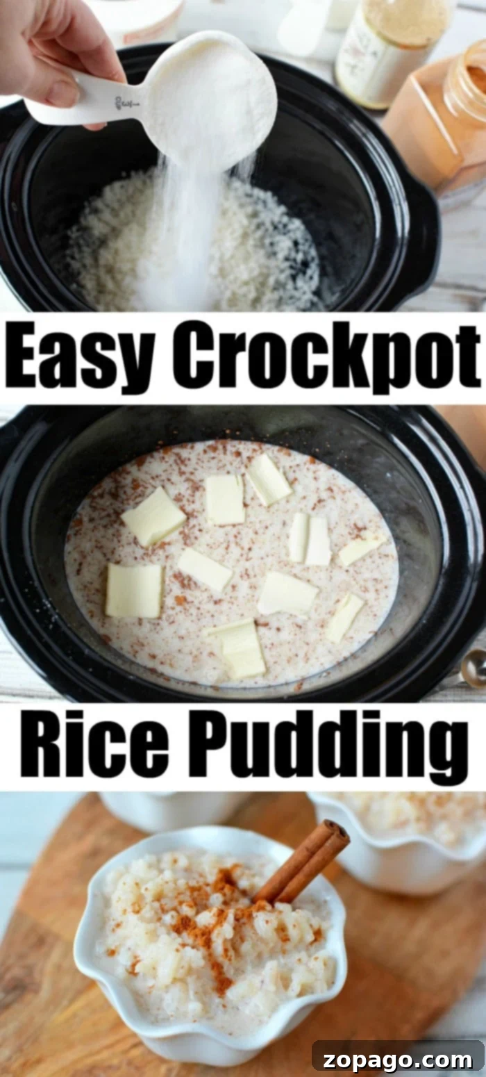 A wide shot of a slow cooker rice pudding recipe, showcasing the finished dish with serving suggestions. This recipe is made quickly with Minute rice and other simple ingredients, perfect for a creamy Crockpot dessert.
