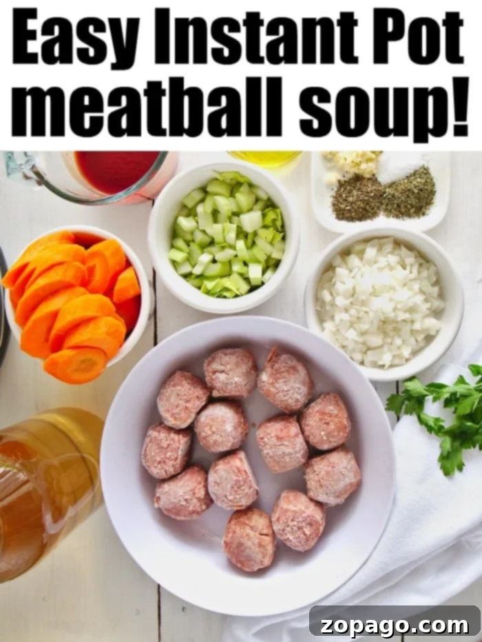 The best Instant Pot meatball soup made with homemade or frozen meatballs in under 20 minutes flat! A healthy low carb and keto friendly dinner you'll love. Close-up of a bowl of delicious Instant Pot Meatball Soup, featuring tender meatballs, carrots, and celery.