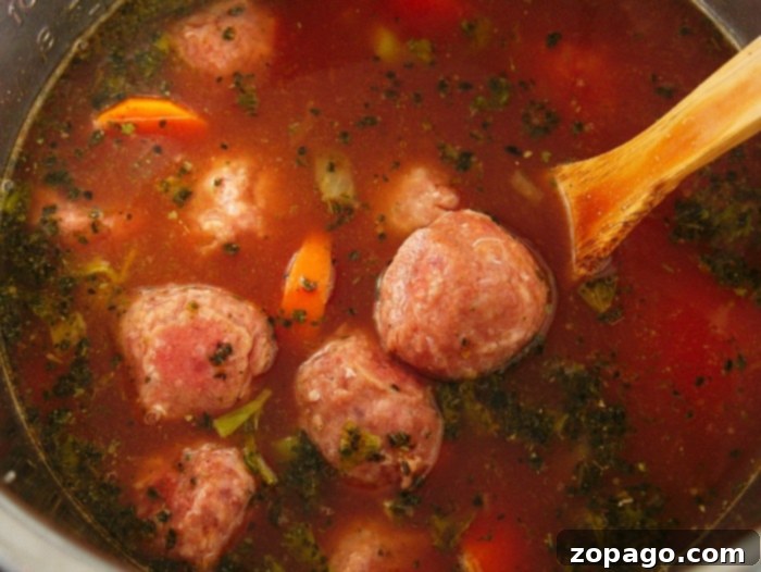 Easy Instant Pot Meatball Soup 2 Ingredients for meatball soup, including a bag of frozen meatballs, olive oil, and fresh vegetables.