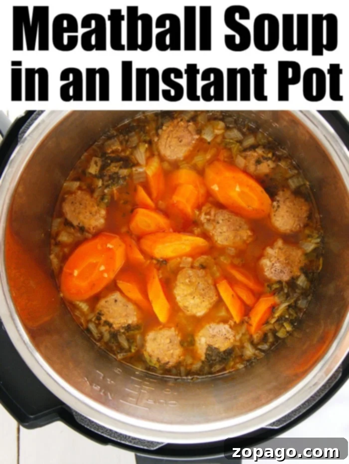 Easy Instant Pot meatball soup made with homemade or frozen meatballs in under 20 minutes flat! A healthy low carb and keto friendly dinner you'll love. #instantpot #instantpotsoup #meatball soup #keto #lowcarb #thetypicalmom #instantpotrecipes meatball soup recipe keto Instant Pot