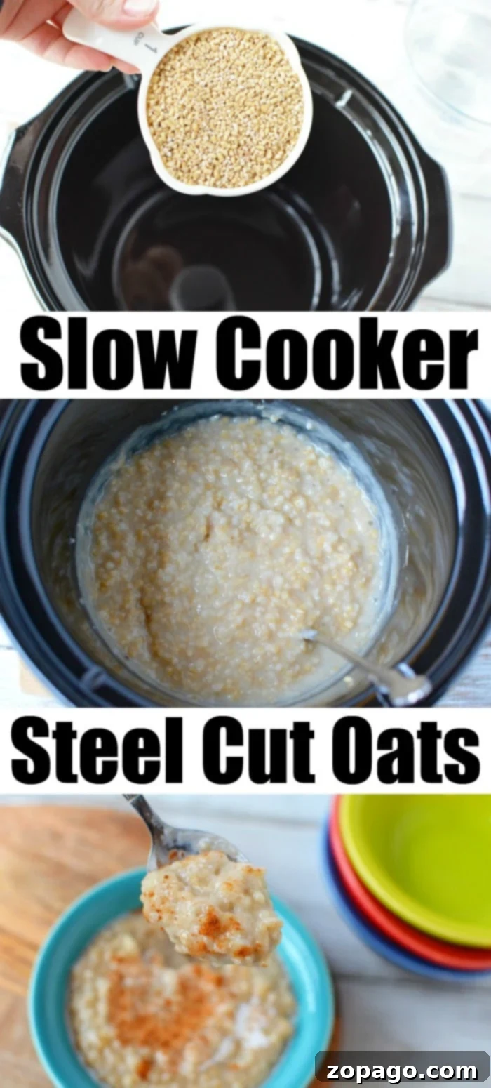 Crockpot steel cut oats are great to make for a crowd during the holidays or on the weekend for your family. A tasty healthy breakfast is on it's way. #crockpotoatmeal #crockpotrecipeseasy #crockpotrecipes #oatmeal #steelcutoats #slowcookerrecipes Close-up of uncooked steel cut oats on a wooden surface.
