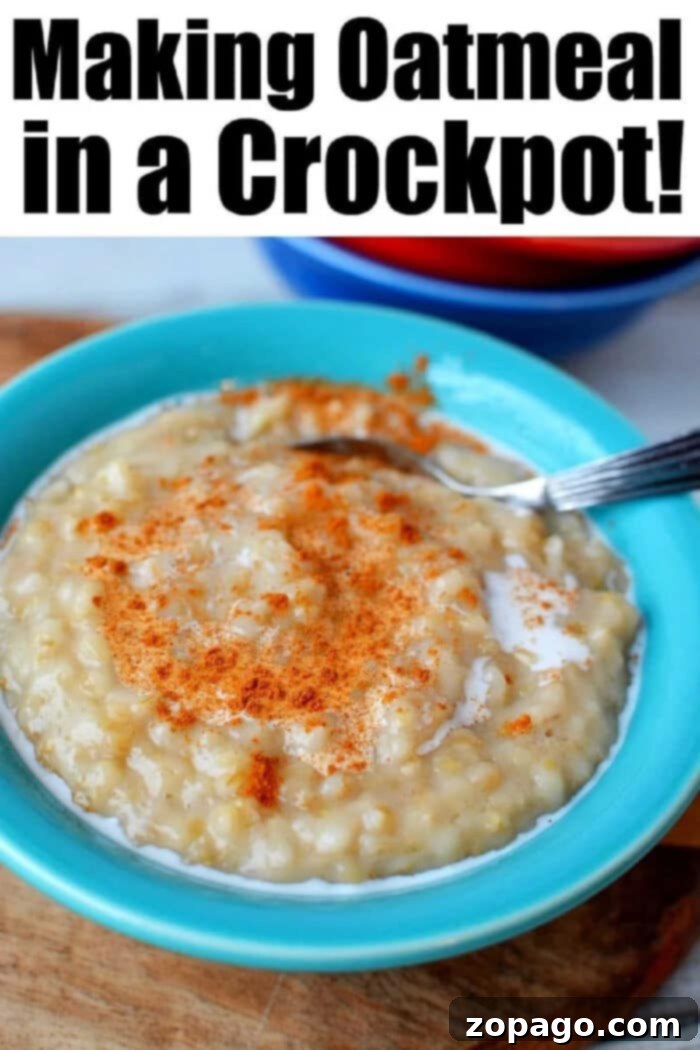 Best crockpot steel cut oats are great to make for a crowd during the holidays or on the weekend for your family. A tasty healthy breakfast is on it's way. #crockpotoatmeal #crockpotrecipeseasy #crockpotrecipes #oatmeal #steelcutoats #slowcookerrecipes A warm bowl of slow-cooker steel cut oats with a spoon and toppings on the side.