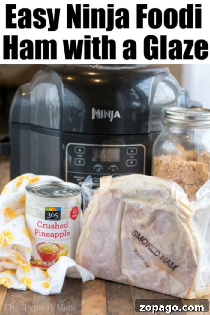 Ultimate Ninja Foodi Ham 3 A whole, unsliced bone-in ham with pineapple chunks and brown sugar, ready for pressure cooking in a Ninja Foodi, highlighting the rich ingredients.