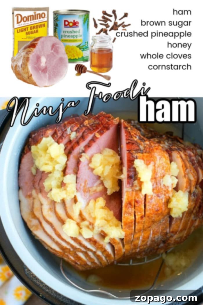 Perfectly Cooked Ninja Foodi Ham A beautifully glazed Ninja Foodi ham with pineapple, ready for a holiday feast.