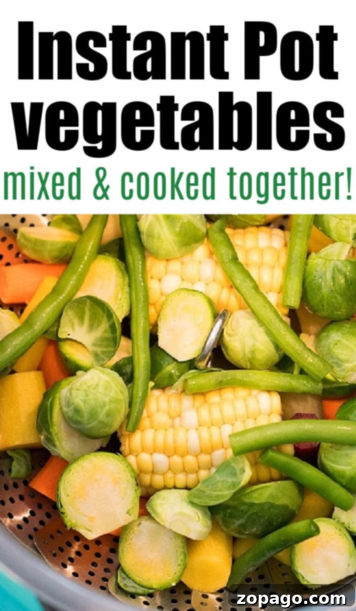 Instant Pot steamed vegetables are the perfect healthy side dish! Mixed veggies like corn, brussel sprouts, corn and green beans all cooked together! #instantpot #instantpotrecipes #instantpotvegetables #mixedvegetables #pressurecookerecipes #thetypicalmom instant pot vegetables