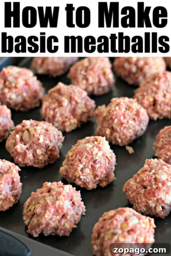 Easy Homemade Meatballs No Breadcrumbs 5 Raw meatballs on a baking tray with the text How to Make Basic Meatballs above them, preparing for an easy meal.
