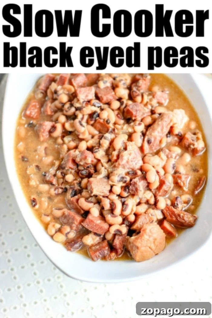 Crockpot black eyed peas recipe using leftover ham or a ham hock. Homemade tender peas and meat served as a soup or a hearty meal with a side of bread. #crockpotrecipeseasy #crockpotrecipes #blackeyedpeas #blackeyedpeasandham #slowcookerrecipes A large pot of slow-cooked black eyed peas, rich with tender peas and smoky ham, ready to be served as a comforting meal.