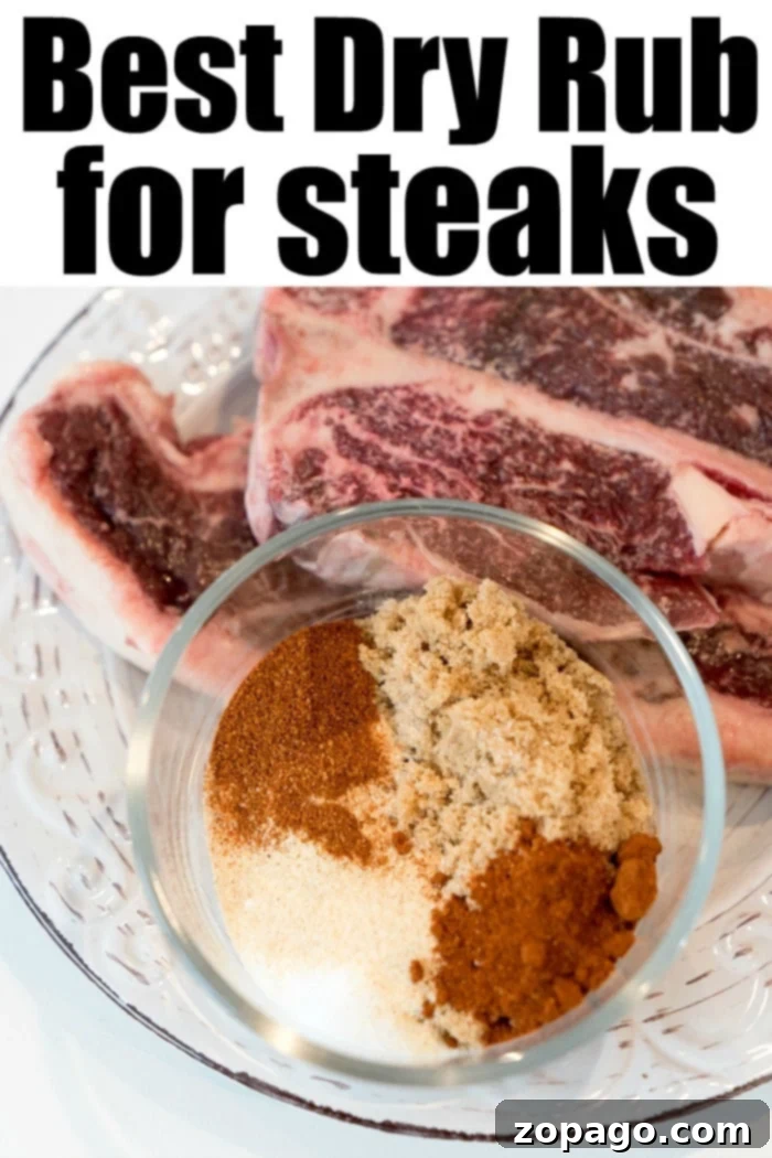Best steak dry rub you will ever taste! Whether you want smoked steaks, barbecued, or made in a pan you're going to love the bold flavors this will bring. A plate of raw steaks with a bowl of spices in the foreground highlights the Best Steak Dry Rub.