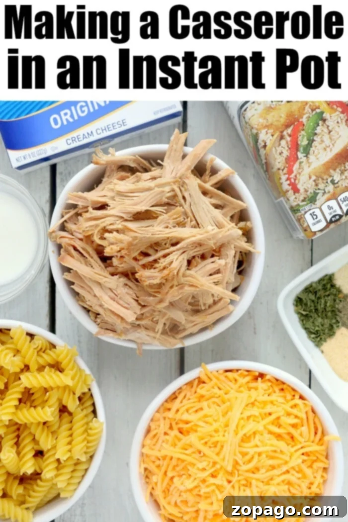 Instant Pot casserole with chicken, pork or beef and pasta is amazing! Cooked in one pot, follow this method to make a ton of new meals. #instantpotcasserole #casserole #chickencasserole #instantpotrecipes #thetypicalmom Pressure cooker casserole with a rich and creamy texture