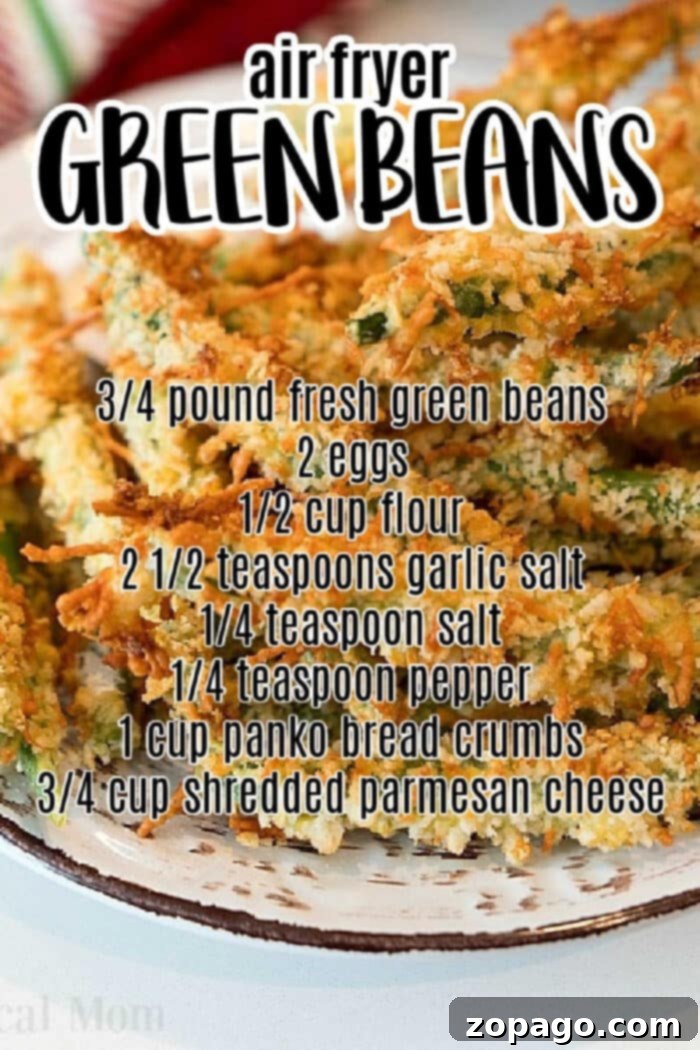 Plate of crispy Air Fryer Green Bean Fries with an overlaid recipe, featuring ingredients in bold text for easy reading.