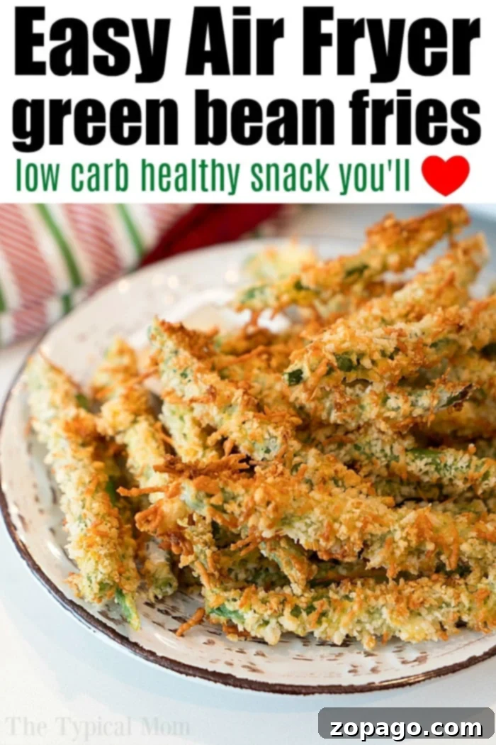 Crispy Air Fryer Green Beans 13 Close-up of golden-brown air fryer green bean fries on a white plate, highlighting their crispy texture.