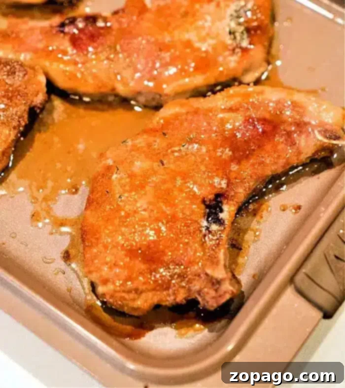 Flavorful Dry Rub Baked Pork Chops 13 The best baked pork chops rest on a metal baking sheet, glistening with juices and lightly browned on the edges, ready to be served.