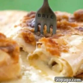 Melted brie cheese inside a golden pastry, with a fork labeled BRIE inserted into it, lovingly prepared using an air fryer for that perfect baked touch.
