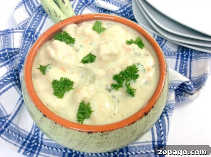 Easy Ninja Foodi Chicken Gnocchi Soup 4 A ceramic bowl of creamy instant pot gnocchi soup garnished with parsley sits gracefully on a blue and white checkered cloth, surrounded by neatly stacked plates in the background.