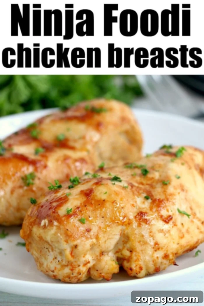 Crispy Low-Carb Air Fryer Meals 4 A mouth-watering close-up of two perfectly cooked, tender chicken breasts, artfully garnished with fresh chopped herbs on a clean white plate. The image represents the "Ninja Foodi Magic: Tender Chicken Breasts" for delicious meal preparation.