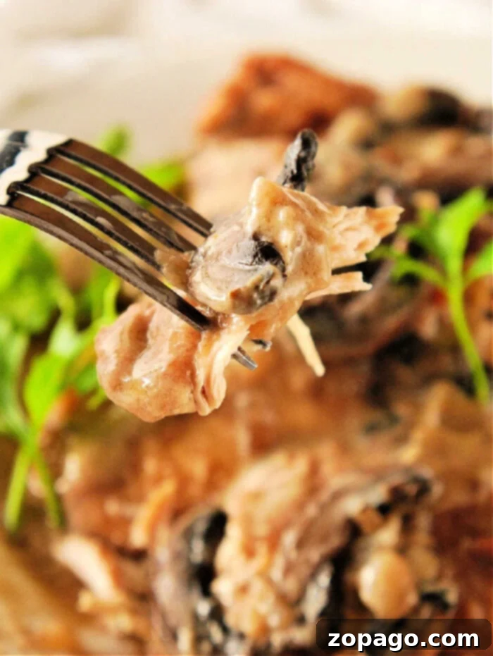 Plated Instant Pot Chicken Marsala, showing the rich sauce and mushrooms with a side dish.