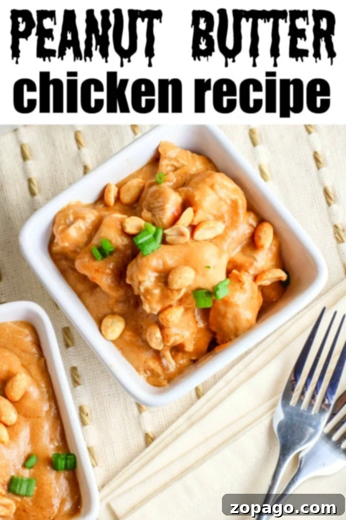 Peanut butter chicken Instant Pot recipe is amazing! If you love pressure cooker chicken with bold flavors this is it. Your kids will love it too. #instantpot #peanutchicken #peanutbutterchicken #peanutbutter #chicken #instantpotchicken #instantpotrecipes #thetypicalmom A delicious peanut butter chicken recipe featuring a bowl of tender chicken garnished with peanuts and green onions, with a fork placed invitingly beside it. Served on a rustic wooden surface.