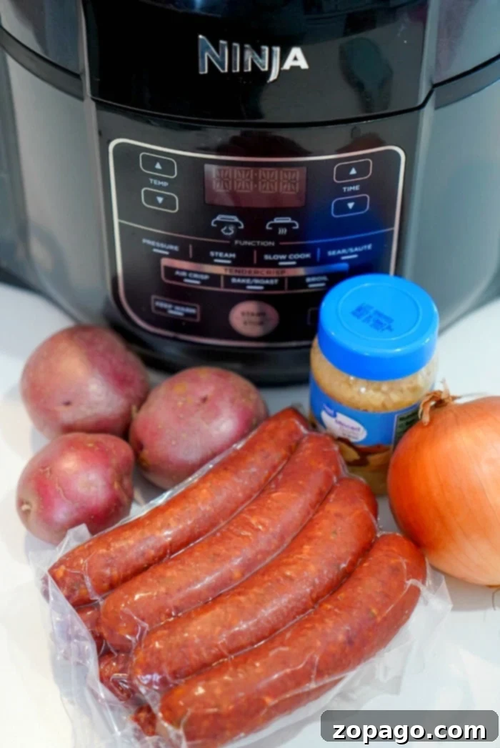 Delicious Ninja Foodi dinners you'll love. Ninja Foodi air fryer displaying a delicious batch of sausage and potatoes, highlighting easy meal preparation.