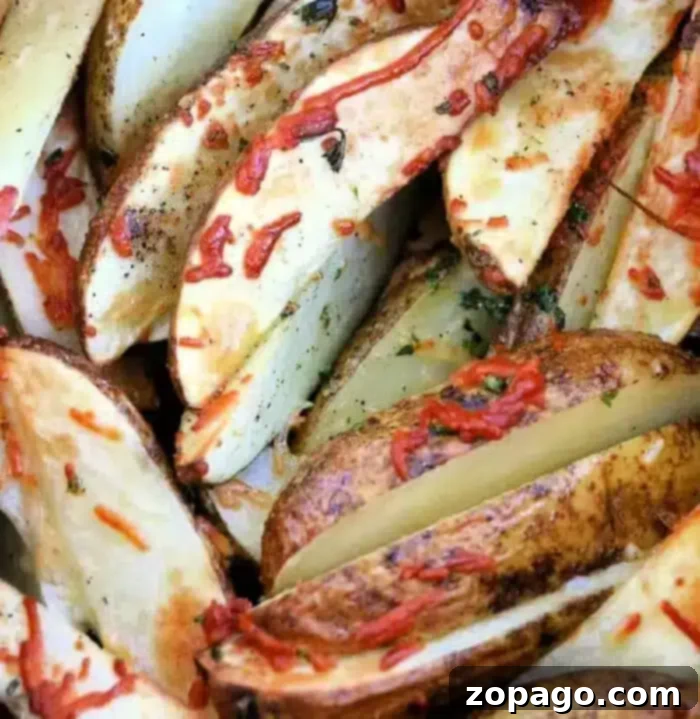 Crispy Air Fryer Potato Wedges 2 Close-up of air fryer potato wedges topped with shredded cheese and herbs. The wedges are golden brown and appear crispy, with visible seasoning flecks and melted cheese.