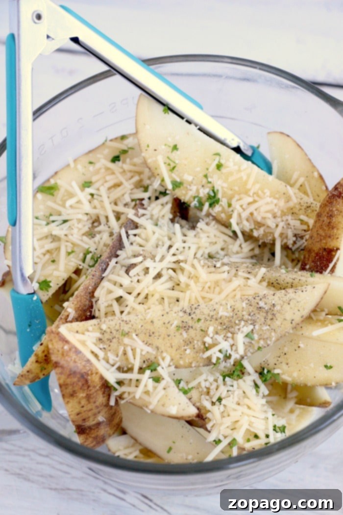 Crispy air fryer potato wedges seasoned to perfection, ready to be served. The image title highlights how to make delicious air fryer potato wedges, perfect as a side or snack.