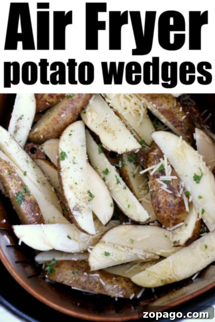 A vibrant close-up of beautifully golden-brown air fryer potato wedges, perfectly seasoned and arranged on a white serving plate. This image highlights the best way to enjoy crispy potato wedges as a delicious side dish or snack.
