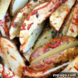 Close-up of seasoned air fryer potato wedges with herbs and shredded cheese.