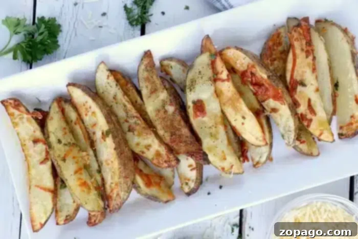 A white rectangular plate presents a generous serving of crispy air fryer potato wedges, garnished with fresh herbs and a sprinkle of cheese, on a clean white wooden surface. A small bowl of grated cheese and a parsley sprig complete the inviting presentation.