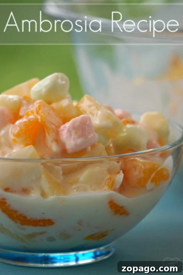 Simple & delicious ambrosia recipe with fruit, marshmallows, and a creamy sour cream base. A perfect dessert or holiday side dish the whole family loves. Easy Ambrosia Recipe with colorful fruit and marshmallows