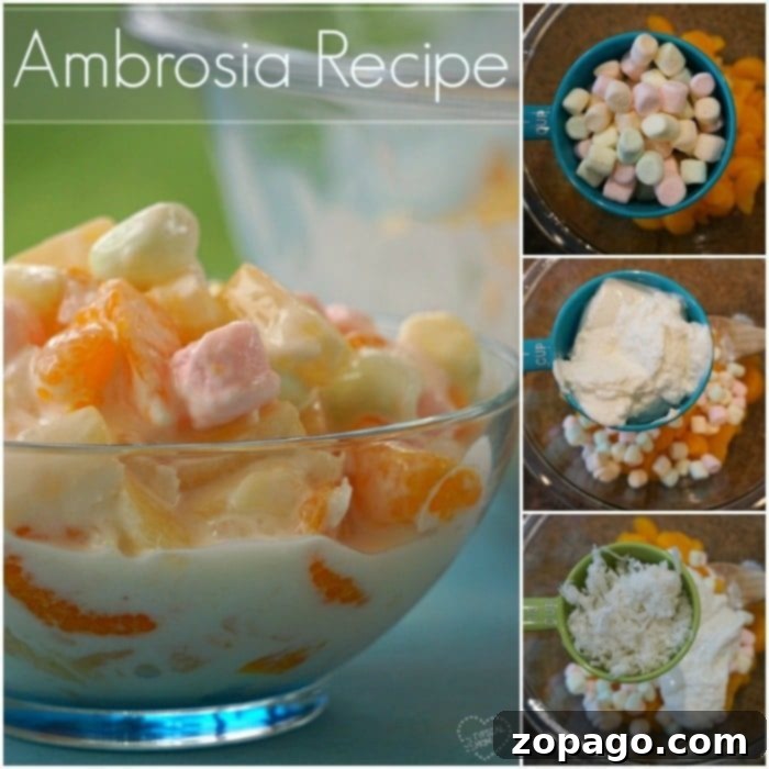 Quick & easy ambrosia recipe with few ingredients. A yummy fruit and marshmallow dessert or side dish that's a family favorite. Delicious ambrosia recipe, a creamy dessert or side dish