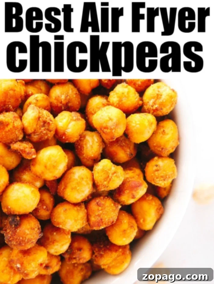 Crispy high protein air fryer chickpeas tossed in taco seasoning for a quick snack on the go. A bowl of freshly air-fried chickpeas, perfectly golden and crunchy, ready to be served.