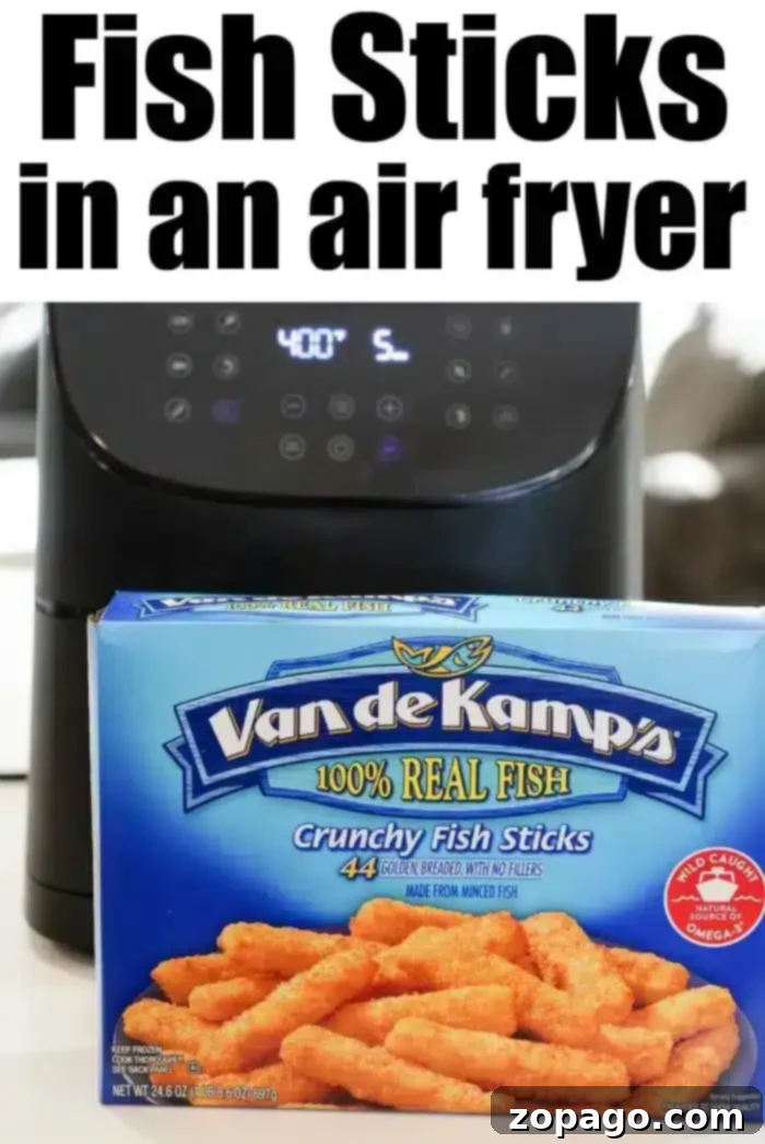Optimal Air Fryer Settings for Fish Sticks A package of Van de Kamp's air fryer fish sticks is placed in front of an air fryer set to 400 degrees Fahrenheit.