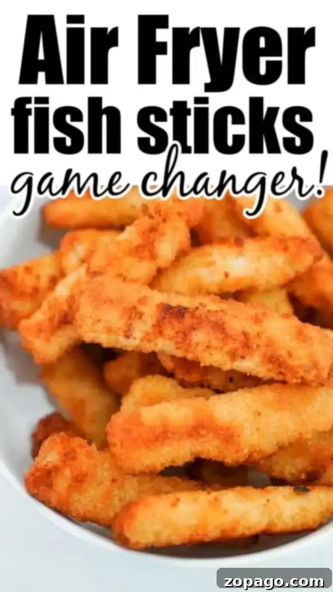 Golden Crispy Air Fryer Fish Sticks 4 A plate of crispy, golden-brown fish sticks is shown. The text above the plate says "Air fryer fish sticks: a game changer!" in large, bold font.
