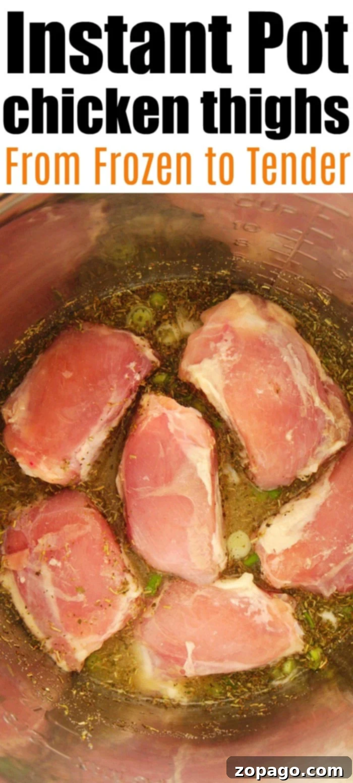 Frozen chicken thighs go directly into the Instant Pot for a quick meal. frozen chicken in instant pot ready for cooking