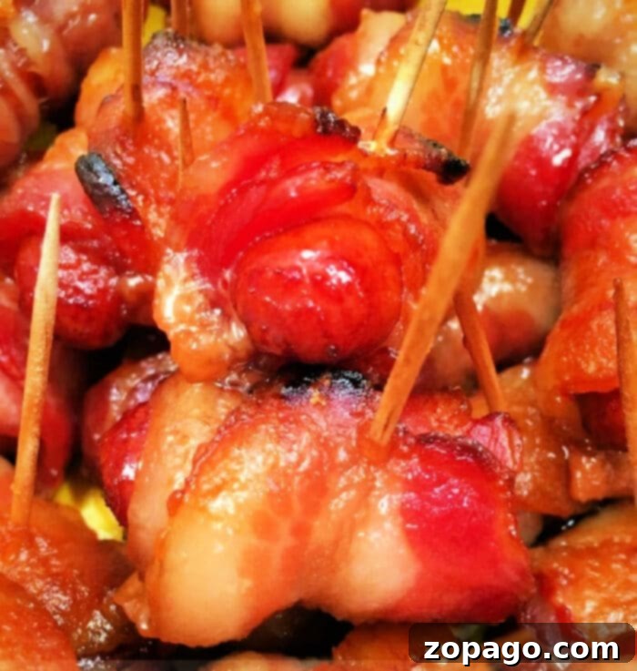 Irresistible Air Fryer Bacon Wrapped Smokies 2 Close-up image of Bacon Wrapped Smokies secured with toothpicks. The bacon is cooked to a crispy, golden-brown finish in the Ninja Foodi. The appetizers are closely packed, showcasing the texture and color variation from the caramelized and well-cooked bacon.
