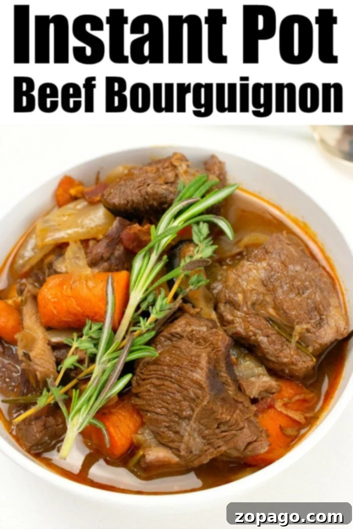 Effortless Instant Pot Beef Bourguignon 5 A close-up of a pot of Instant Pot Beef Bourguignon, showcasing the rich sauce and tender ingredients.