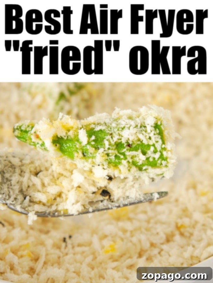 Best air fryer okra! Crispy breadcrumbs coating on the outside with tender flavorful vegetable on the inside. Great side dish or low carb snack. Air fryer basket filled with breaded okra pieces, ready for cooking to a golden, crispy perfection.