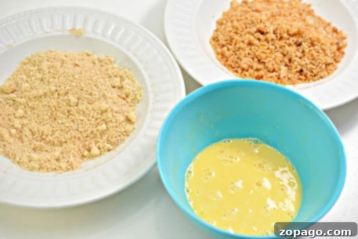 Ingredients laid out for air frying green tomatoes, including Panko breadcrumbs, flour, and a whisked egg.