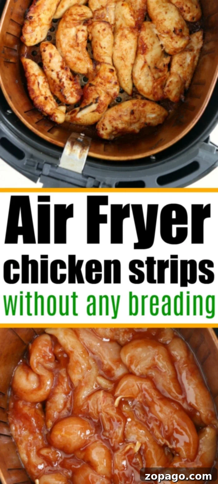 Perfectly Cooked Air Fryer Chicken Tenders Close-up of tender air fryer chicken strips, perfectly cooked and lightly coated with sauce, a testament to the no-breading method.