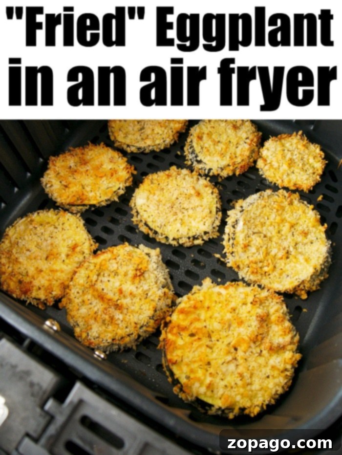 Crispy Air Fryer Eggplant 5 Close-up of healthy fried eggplant slices, lightly breaded and golden brown from the air fryer.