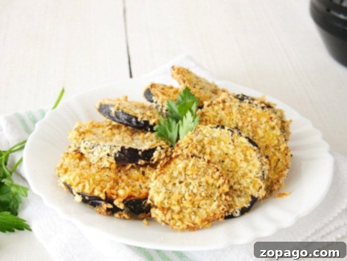 Crispy Air Fryer Eggplant 7 A dish of golden-brown air fryer eggplant slices, perfectly crispy and ready to eat.