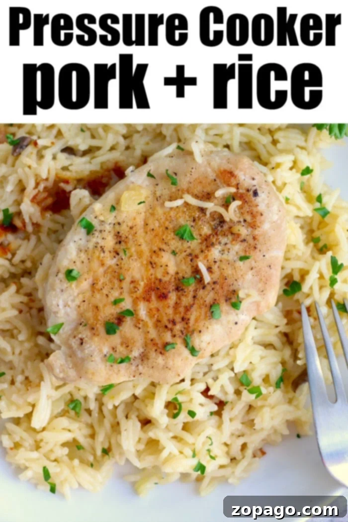 Ninja Foodi Pork Chops with Rice 2 instant pot pork and rice, showing tender pork chops with seasoned rice in a white dish, garnished with fresh herbs