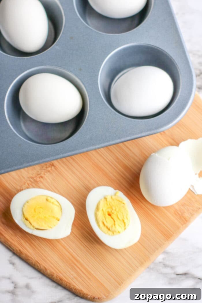 Skip the Pot: Oven Hard Boiled Eggs 7 A beautifully presented image showing how to hard boil eggs in the oven, emphasizing the perfect texture achieved with this method.