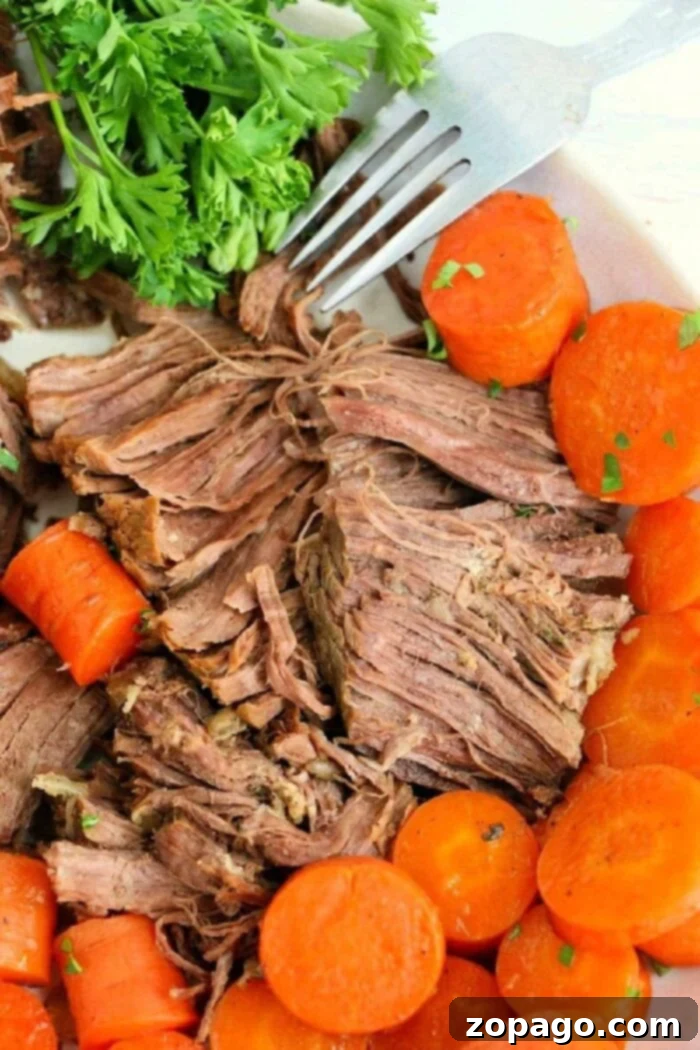 Instant Pot Frozen Roast: From Freezer to Family Meal 2 Close-up of a plate with shredded cooked beef, perfectly tender from being a frozen roast in the Instant Pot, surrounded by sliced, cooked carrots and a sprig of fresh parsley. A fork is placed beside the beef, ready to serve.