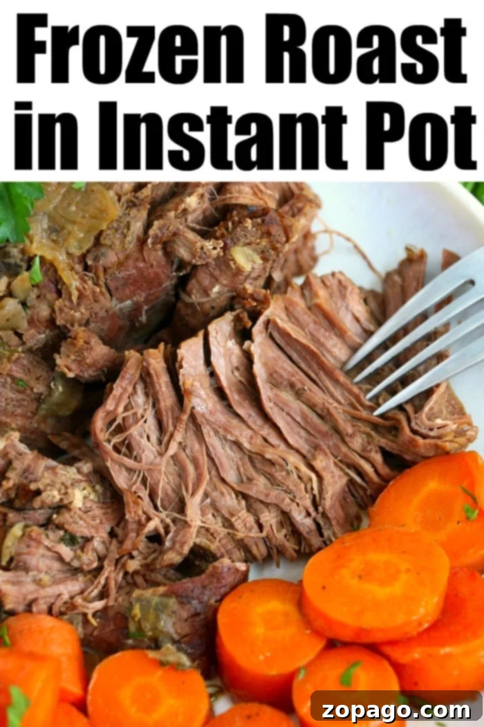 Instant Pot frozen roast is possible! You can still get a tender, flavorful, piece of beef even if it is not thawed out beforehand. Here's how! #instantpot #roast Frozen Roast in Instant Pot, perfectly cooked and ready to be served