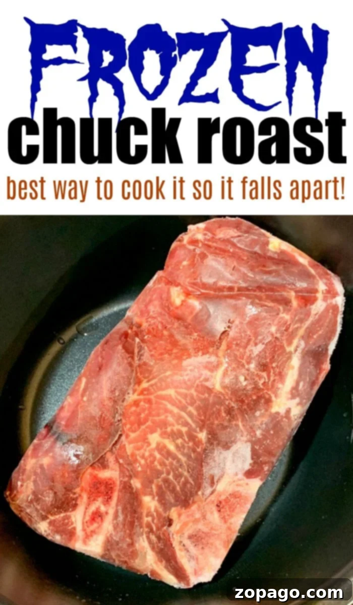 Perfectly Tender Instant Pot Frozen Roast 4 Image of a frozen chuck roast in a pressure cooker. Text above reads, FROZEN chuck roast, best way to cook it so it falls apart—try using an Instant Pot!
