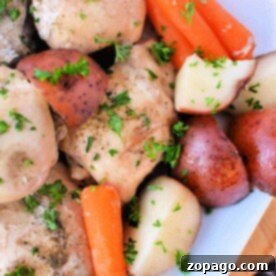 Hearty Instant Pot Chicken and Potatoes 9 A dish of seasoned chicken thighs with baby carrots, red potatoes, and parsley garnish on a white plate, this instant pot chicken and potatoes recipe offers a quick and delectable meal thats both comforting and effortless.