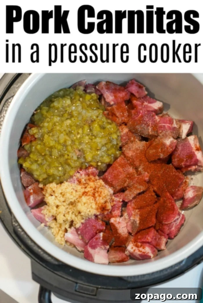 Easy Crispy Pressure Cooker Carnitas 6 An overhead view reveals a pressure cooker brimming with raw pork chunks, vibrant green chilies, minced garlic, and bold red spices, all set for crafting delicious pressure cooker carnitas. The text above declares, "Pork Carnitas in a Pressure Cooker.